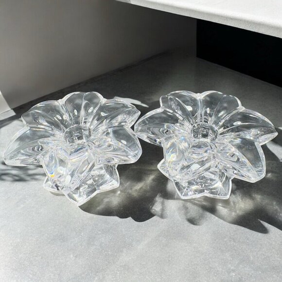 MIKASA Clear Crystal Glass Candle Stick Holder Set 2 Flower Shaped Candle Holder - Picture 2 of 12